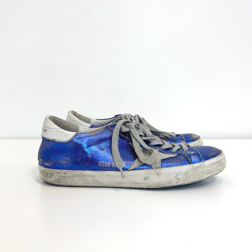 GOLDEN GOOSE Blue Metallic Low Top Superstar Sneakers 39 Gray Distressed Shoes